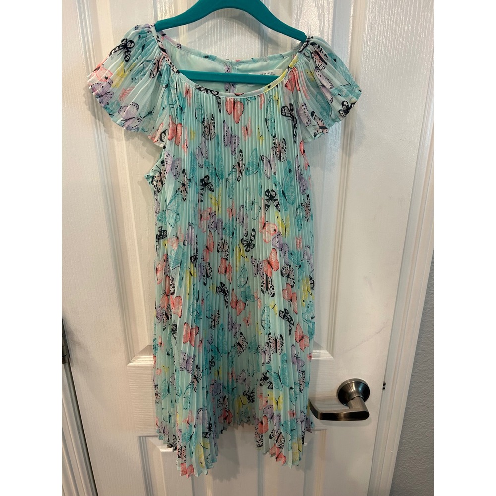 H&M Pleated Dress Mint Green Butterfly Print Flutter Sleeve Chiffon Kids 7-8Y